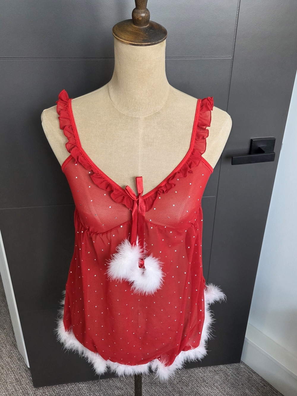 Holiday Red Mesh Babydoll Lingerie Faux Fur Pom Poms Size S/M